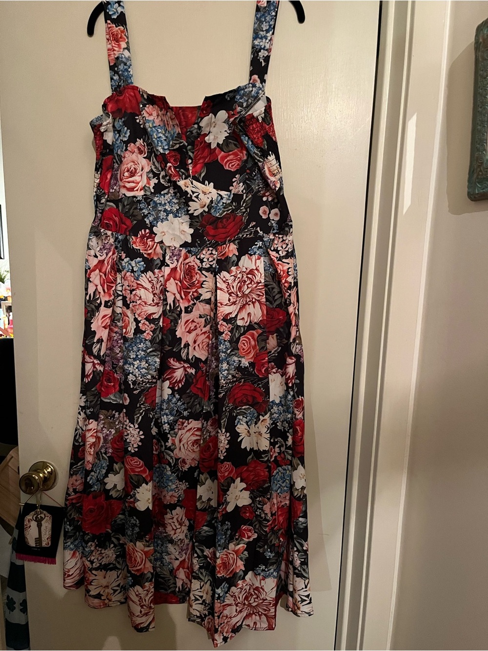 Floral Fit & Flare Midi Dress in Black with Red and Pink Roses, 2x